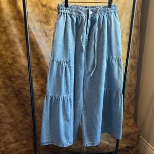 Light Blue Tiered Denim Wide-Leg Pants